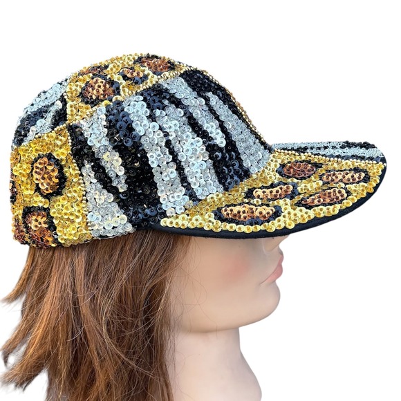 Animal Print Sequin Patchwork Baseball Cap Gold Silver Leopard Zebra Glam Hat